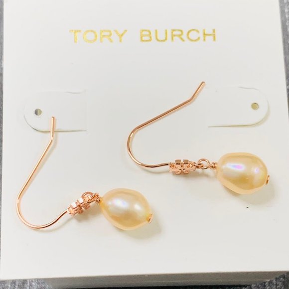 Tory Burch Earrings Kira Pearl Drop Earrings 12MM Peart Logo Rose Gold - Picture 5 of 11